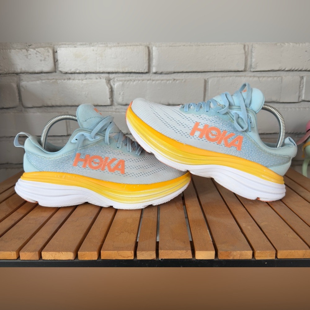 Hoka One One Light Blue and Yellow Sneakers 7.5W